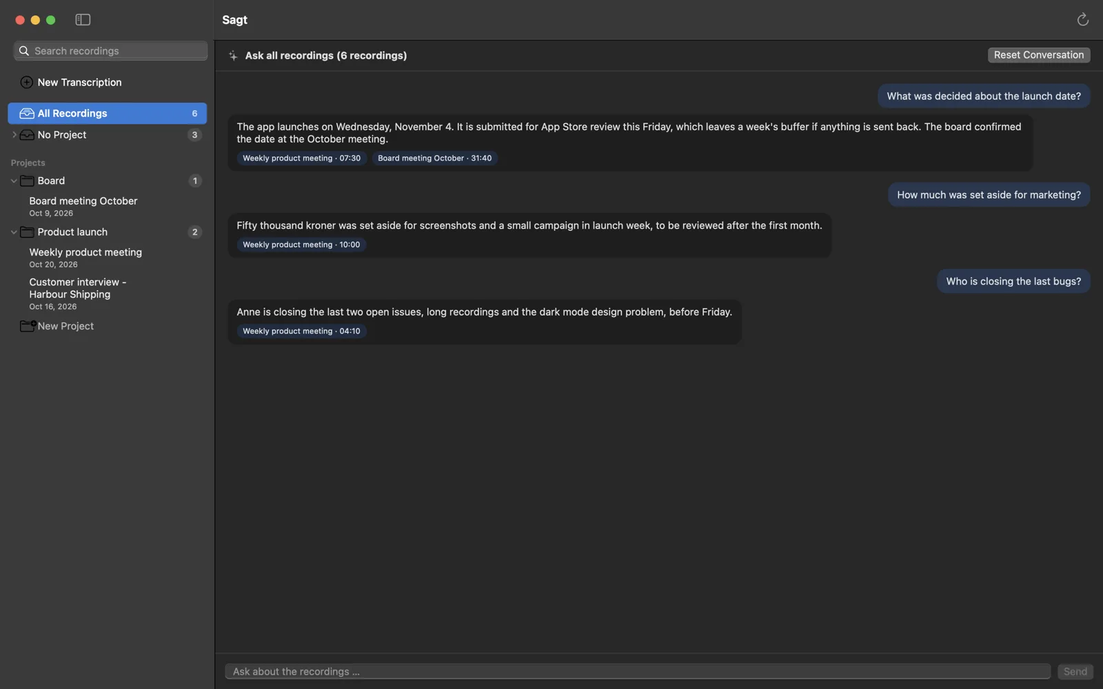 Asking all recordings in Sagt, with the answer and the sources it is based on