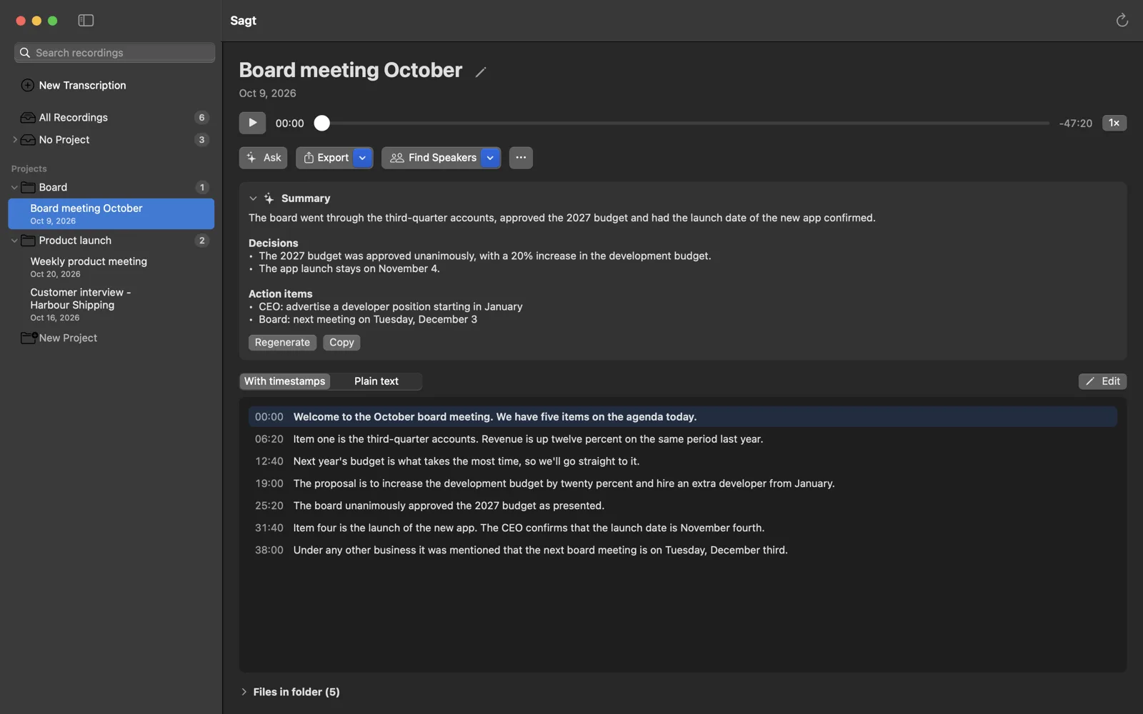Summary of a board meeting with decisions and action items