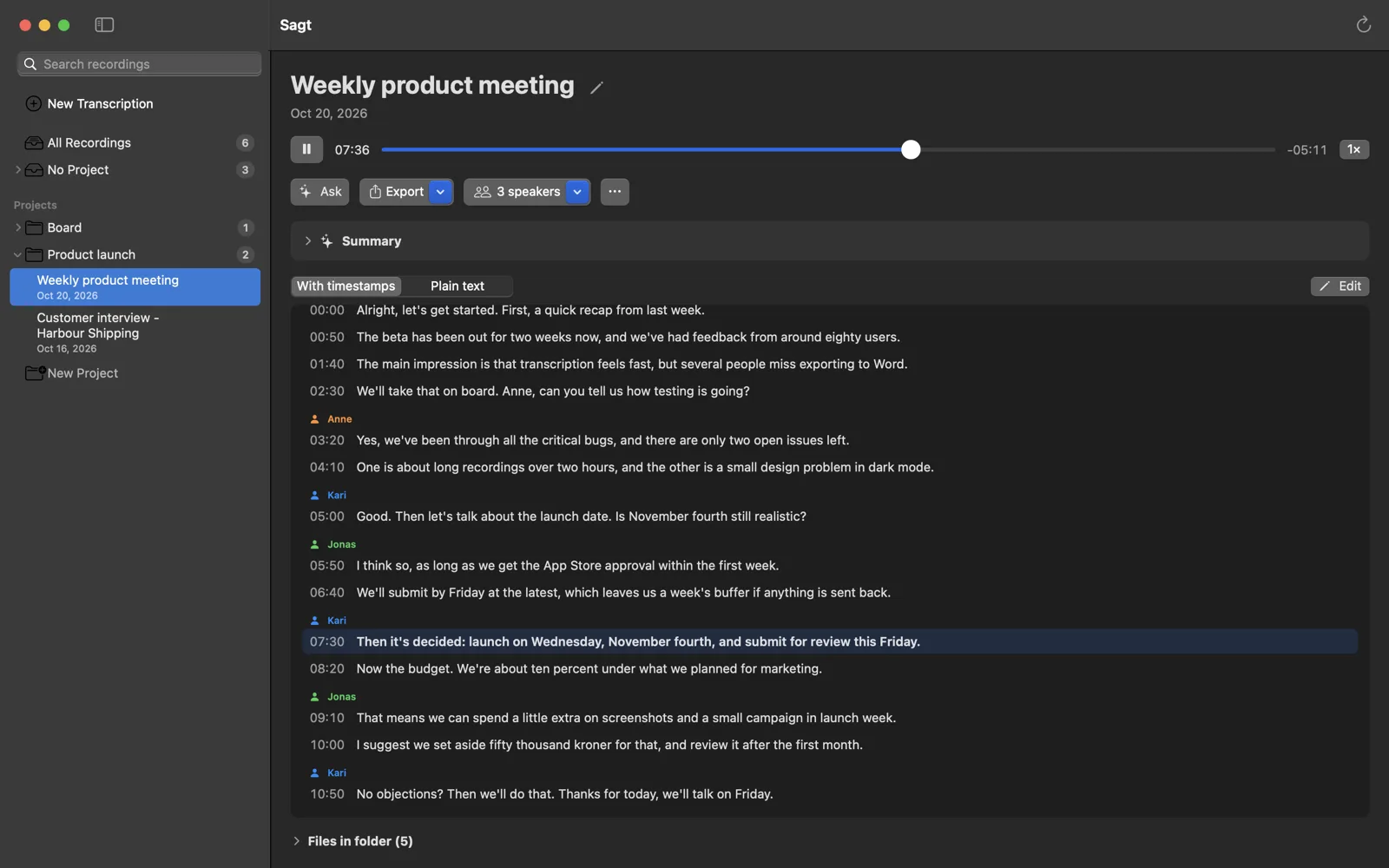 Sagt on Mac showing the transcript of a product meeting, with speakers, timecodes and a player