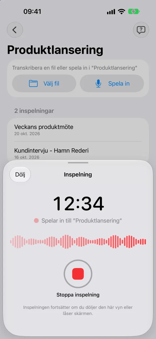 Inspelning i Sagt på iPhone