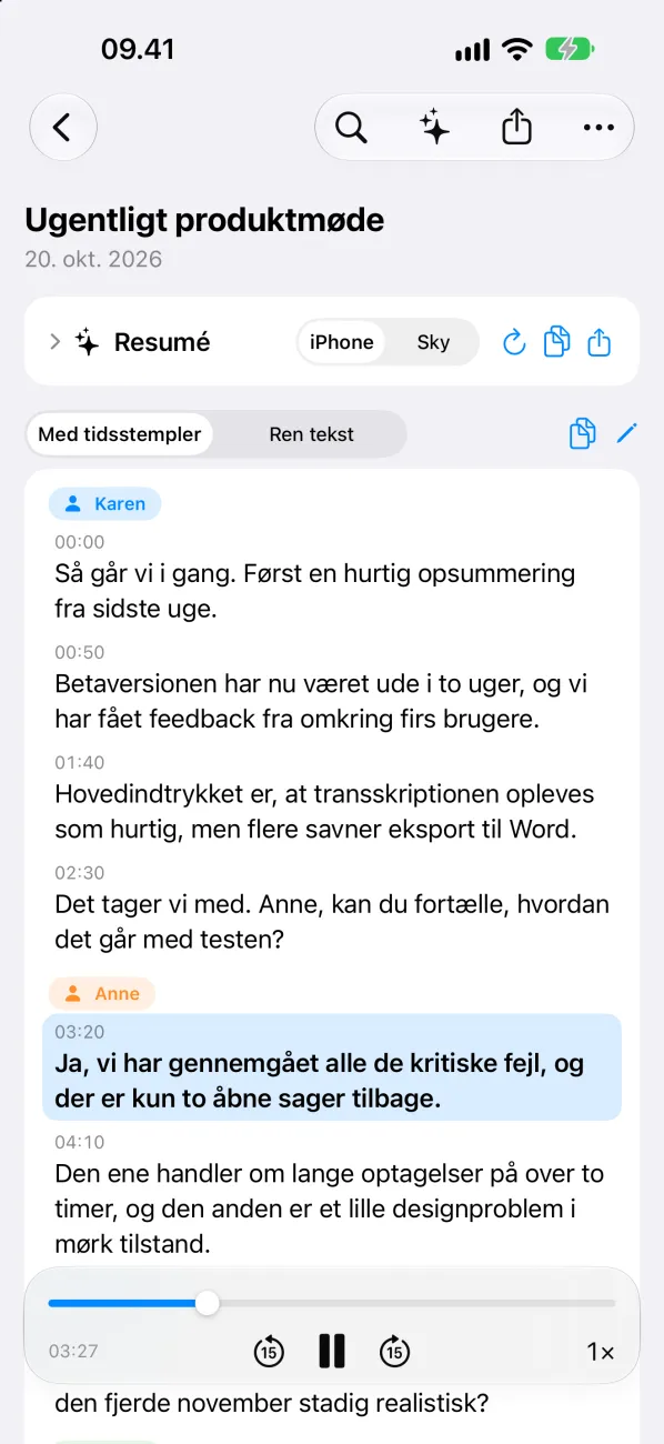 Transskription med talernavne på iPhone