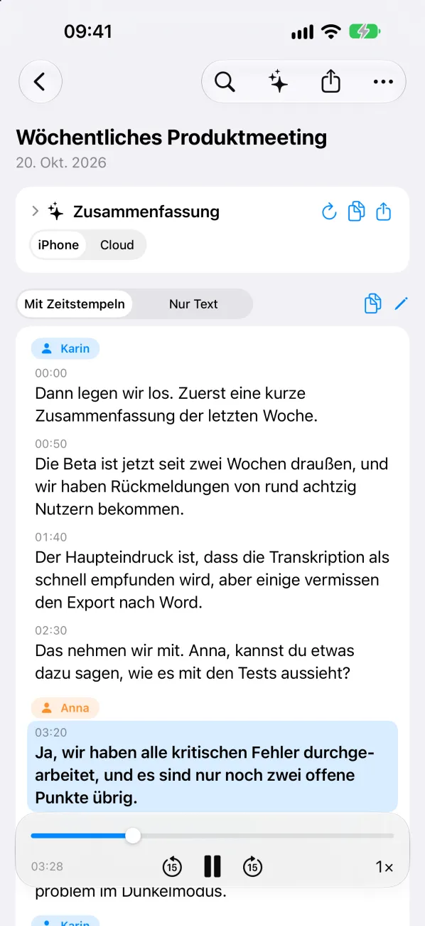 Transkript mit Sprechernamen auf dem iPhone