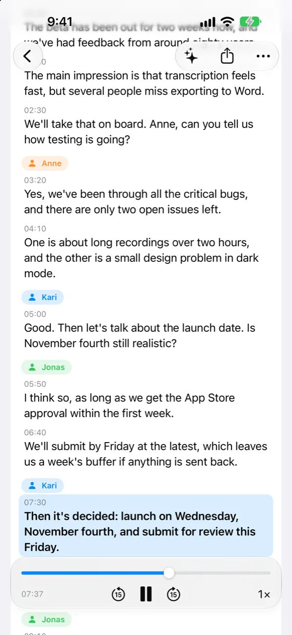Transcript with speaker names on iPhone