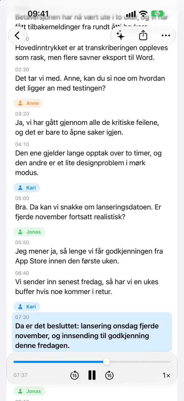 Transkripsjon med talernavn på iPhone