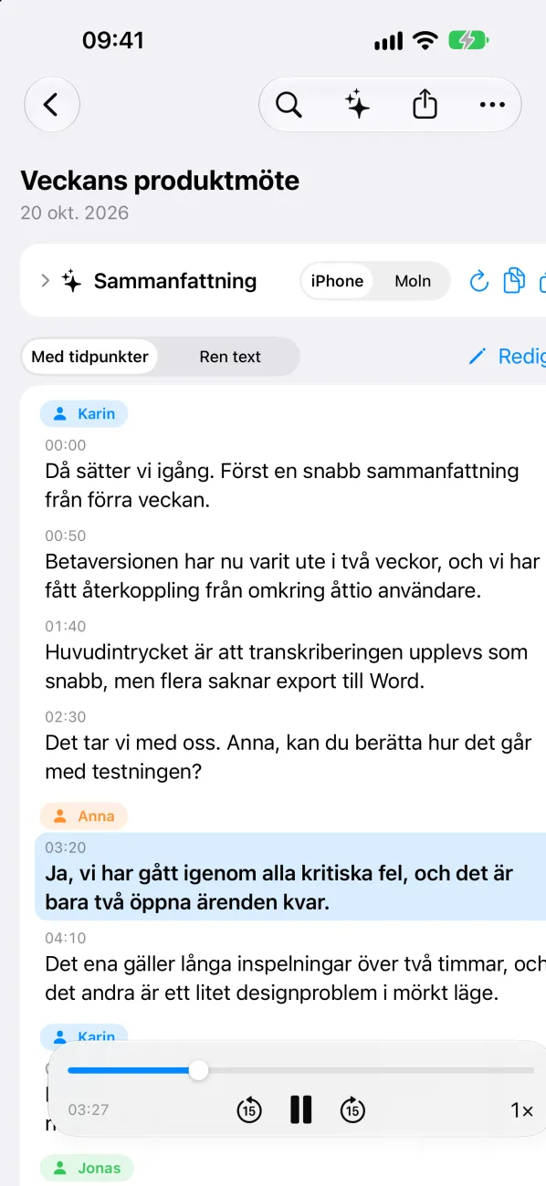 Transkription med talarnamn på iPhone
